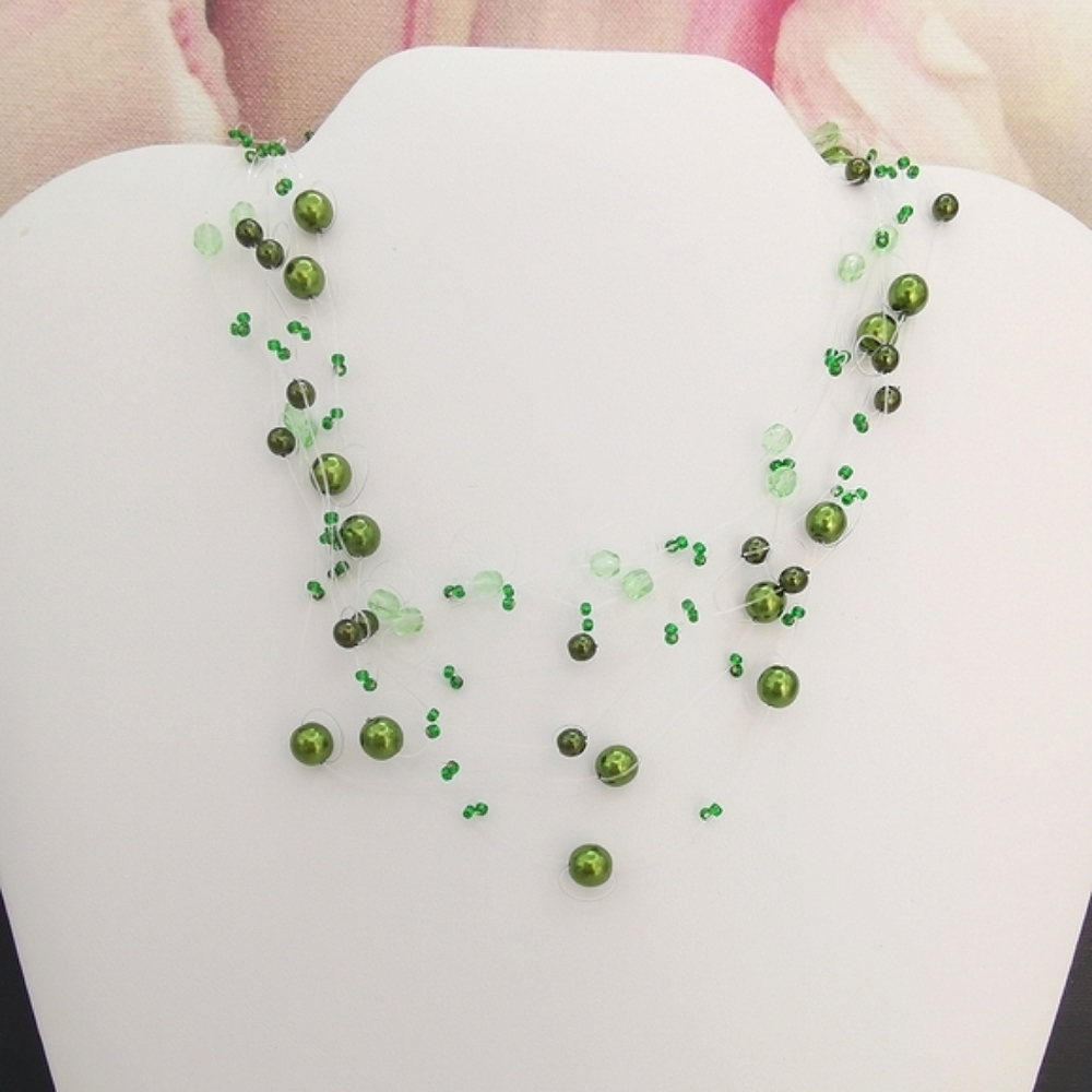 Forest Green Pearl Illusion Necklace and Earrings Set